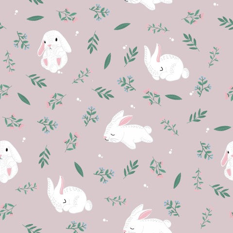Toile de coton lapins et fleurs sur fond rose