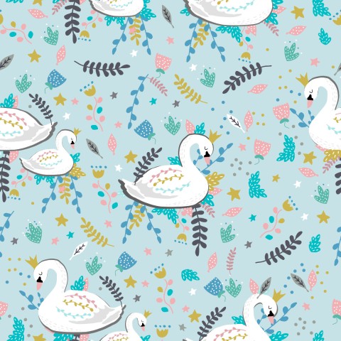 Toile de coton cygnes sur fond bleu