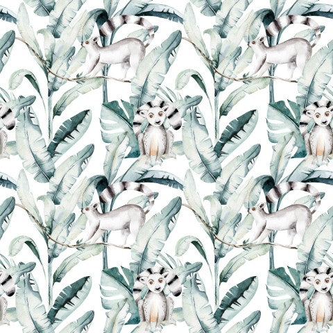 Toile coton lémuriens et feuilles de palmier