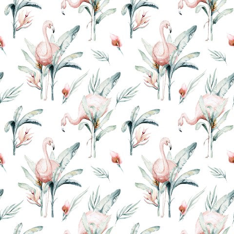 Toile de coton flamants roses et feuilles