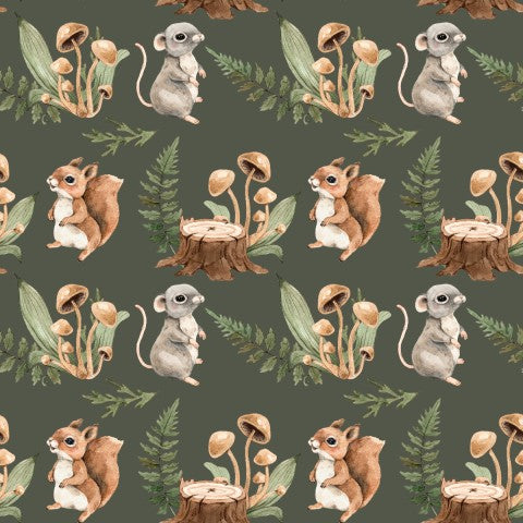 Toile de coton écureuils et champignons
