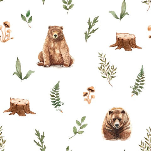 Toile de coton ours bruns et plantes