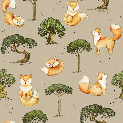 Toile de coton renards et arbres