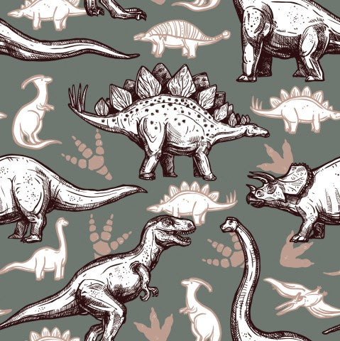 Toile de coton dinosaures sur fond vert