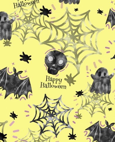 Toile de coton à motif Halloween avec chauves-souris et araignées