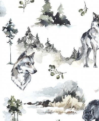 Toile de coton motif aquarelle avec loups et arbres