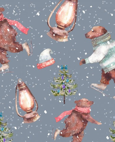 Toile de coton aquarelle ours et un sapin de Noël