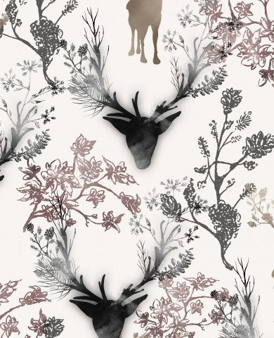  Teste di cervo e fiori in tela di cotone