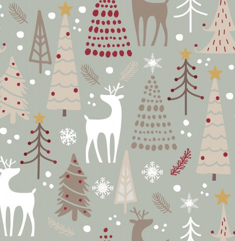 Toile de coton sapins de Noël, rennes et flocons de neige sur fond gris