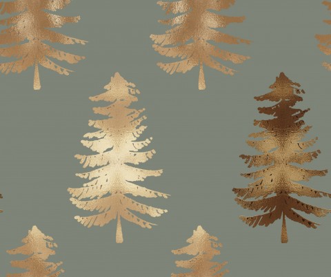 Toile coton sapins dorés sur fond gris