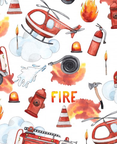 Motif aquarelle French Terry avec camion de pompier, casque de pompier et extincteur