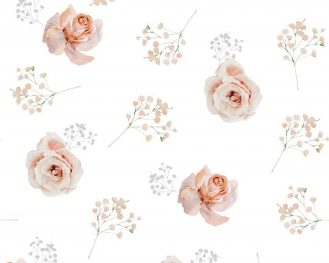 Toile de coton roses roses et gypsophiles