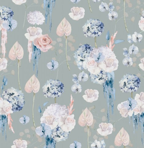 Toile de coton, papier peint floral avec des fleurs bleues, roses et blanches