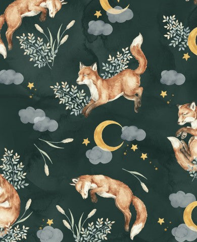 Toile de coton renards et lune sur fond vert foncé