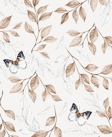 Papillons et feuilles en French Terry sur fond blanc