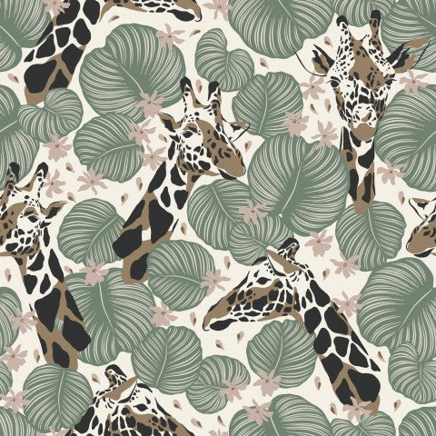 Toile de coton girafes et feuilles