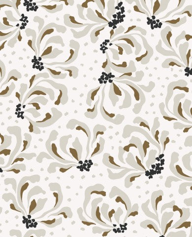 Toile de coton à motif floral marron-noir sur fond blanc