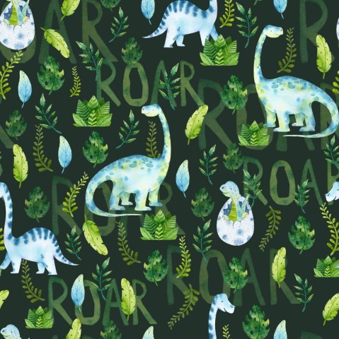 Toile coton aquarelle dinosaures et feuilles
