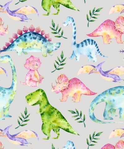 Tissu imperméable aquarelle dinosaures et feuilles