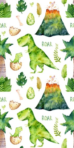 Toile coton aquarelle dinosaures et plantes