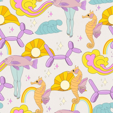 Toile de coton avec hippocampes et ballons dans un motif sans couture