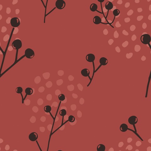 Toile de coton baies noires sur fond rouge