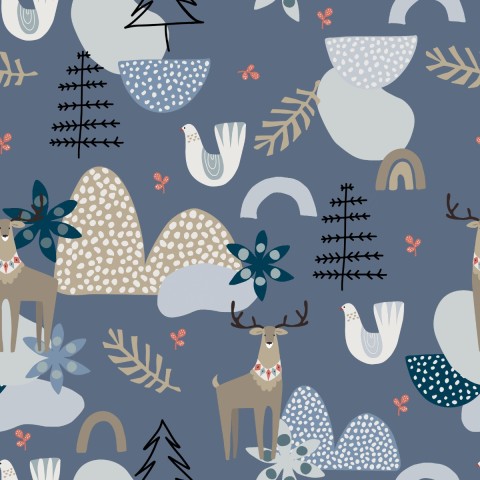 Toile en coton cerfs et arbres sur fond bleu