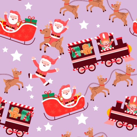 Toile de coton Père Noël et rennes sur fond violet
