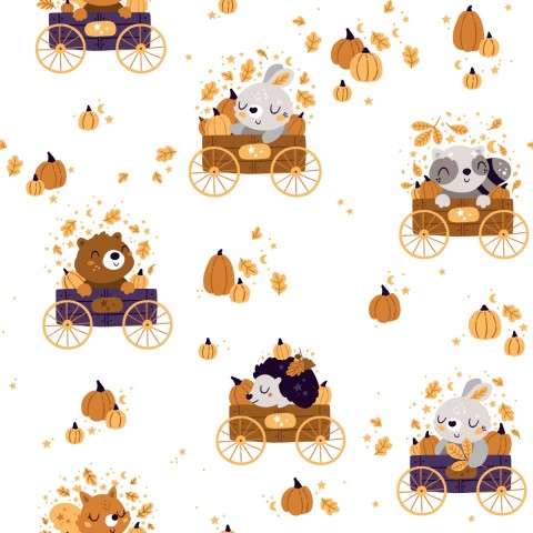Toile en coton avec des animaux mignons et des citrouilles