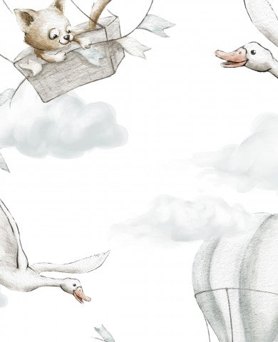 Toile de coton, illustration à l'aquarelle d'un chat volant dans une montgolfière