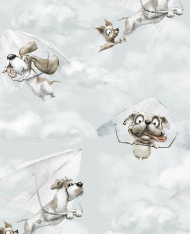Tissu imperméable à motif de chiens volant avec des ballons dans le ciel