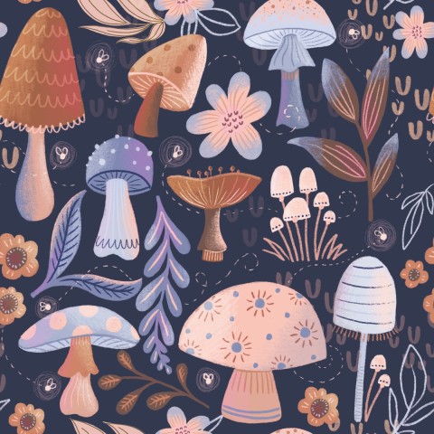 Toile de coton champignons et fleurs sur fond bleu foncé