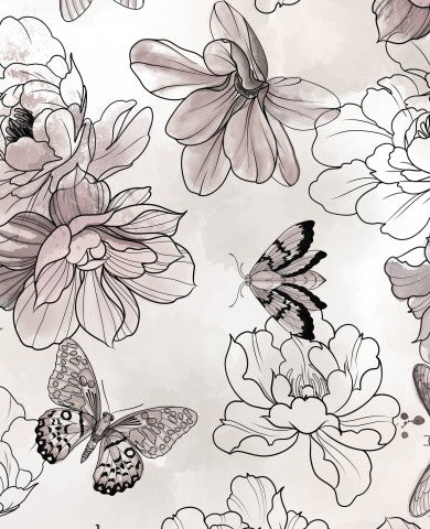 Toile de coton à motif floral noir et blanc avec papillons et fleurs