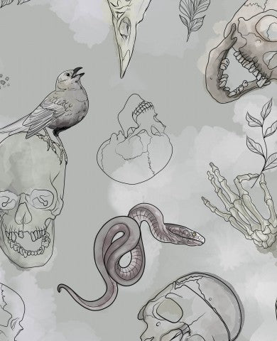 Tissu imperméable crânes, oiseaux et serpents sur fond gris