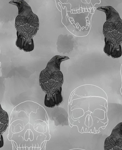 French Terry skulls and ravens on a grey background