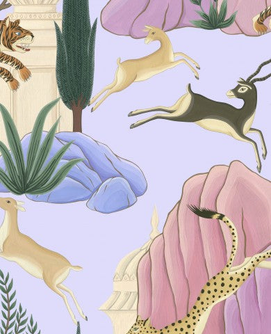 Canvas Baumwolle eine Illustration von Tieren auf einem violetten Hintergrund