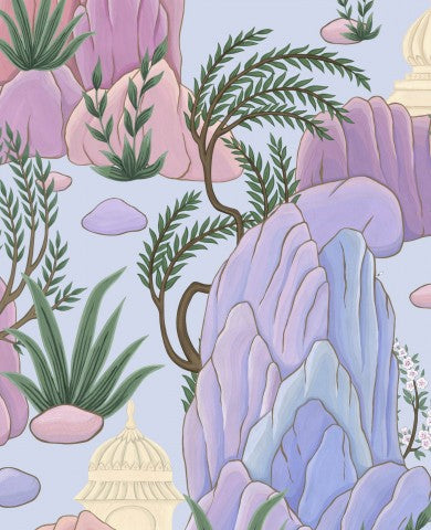 Papier peint en toile de coton de style asiatique avec des rochers, des plantes et des arbres
