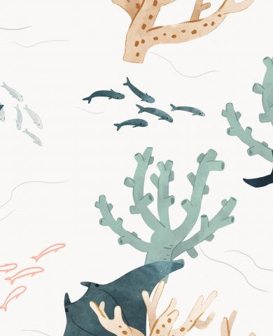 Toile de coton avec illustration de coraux et de poissons sur fond blanc