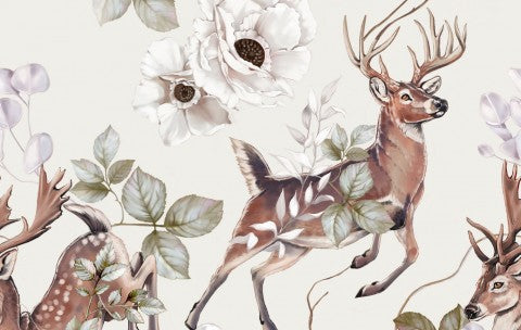 Toile coton cerf et fleurs
