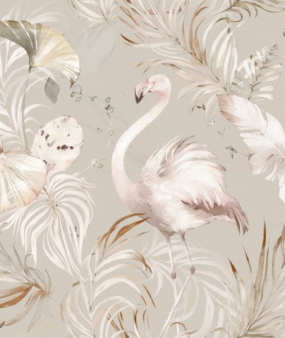 Toile de coton flamant rose et feuilles de palmier