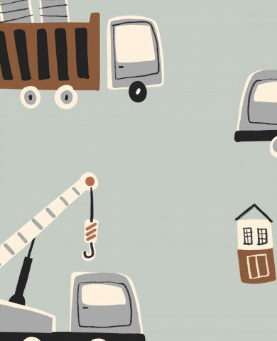 Muslin an illustration of construction vehicles and a crane