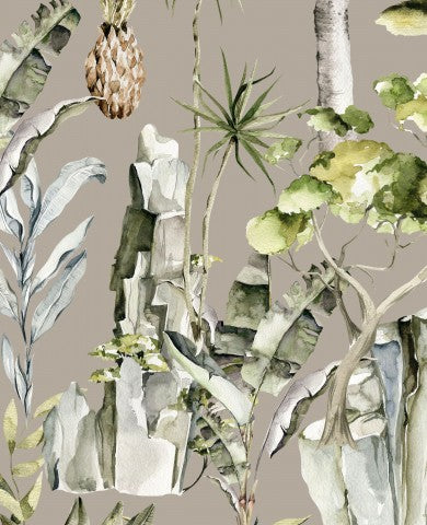 Toile de coton, une aquarelle représentant des plantes et des arbres tropicaux