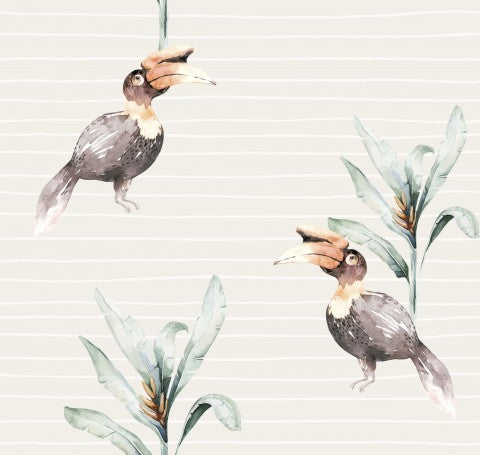 Toile de coton à motif aquarelle de toucans sur fond rayé