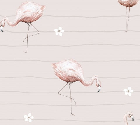 Toile de coton flamants roses et fleurs blanches