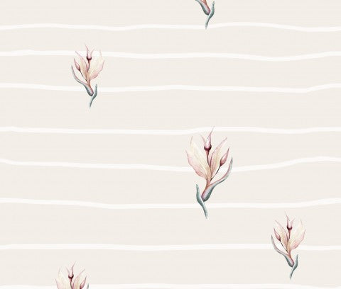  Tela di cotone con fiori bianchi e rosa su sfondo a righe