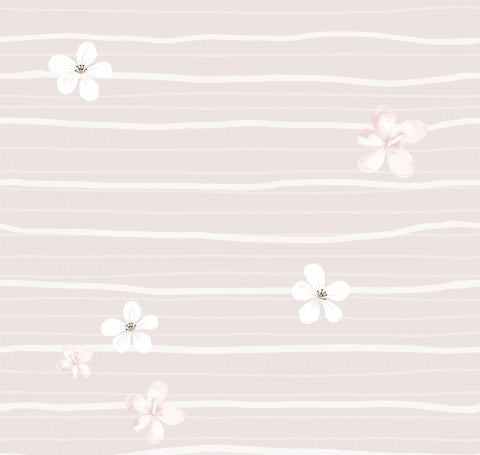 Mousseline à fond rayé rose et blanc avec des fleurs blanches