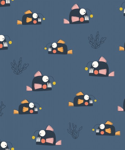  Fumetto di pesce French Terry su sfondo blu
