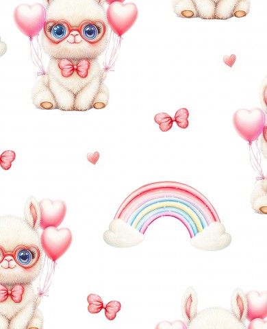 Jersey alpaca with many rainbows and balloons