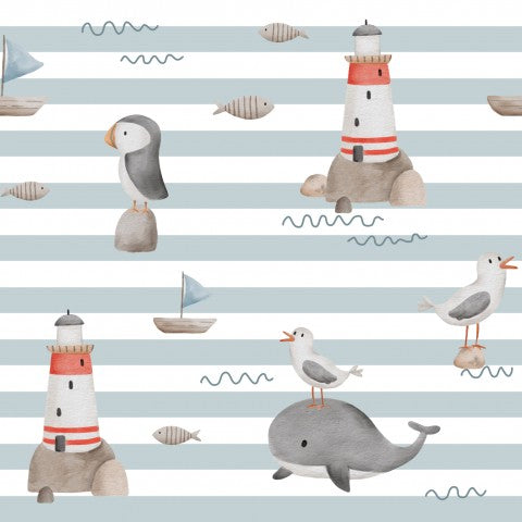 Mouettes, pingouins et phare en French Terry