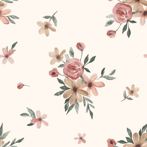 Jersey Aquarela flowers 10x10cm cream